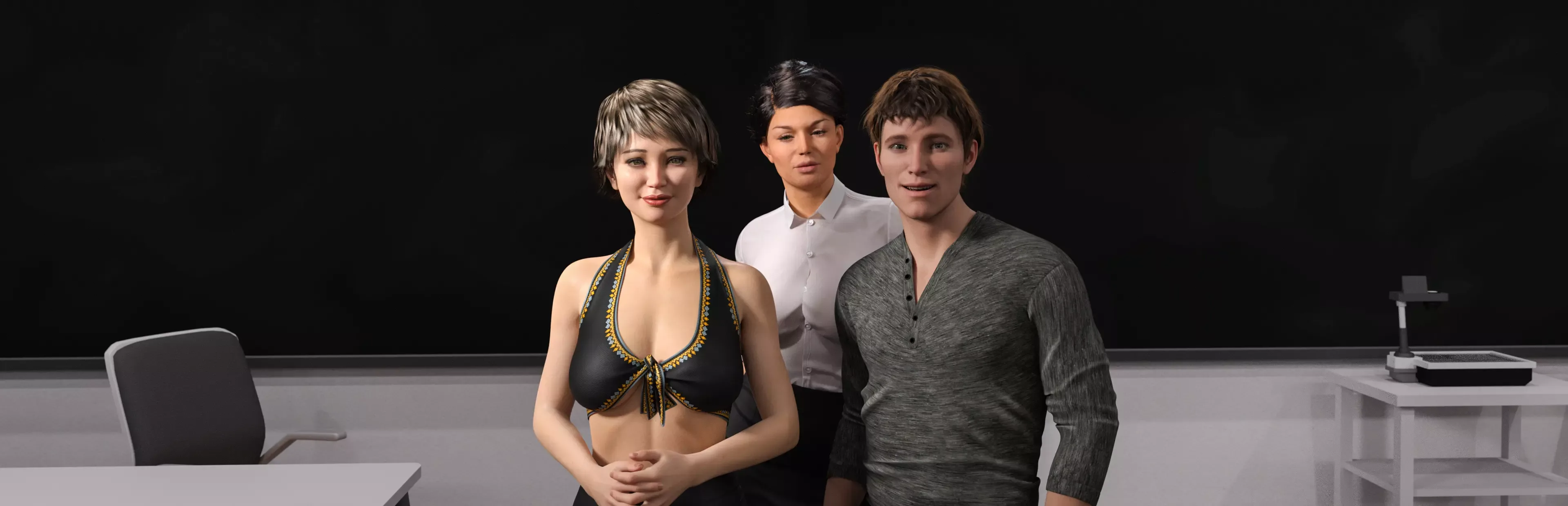 Three characters from Coerced: Unexpected Detention in a college classroom